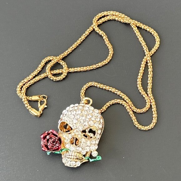 Rhinestone Skull Pendant Long Chain Necklace Purple Rose Fun - Picture 3 of 4